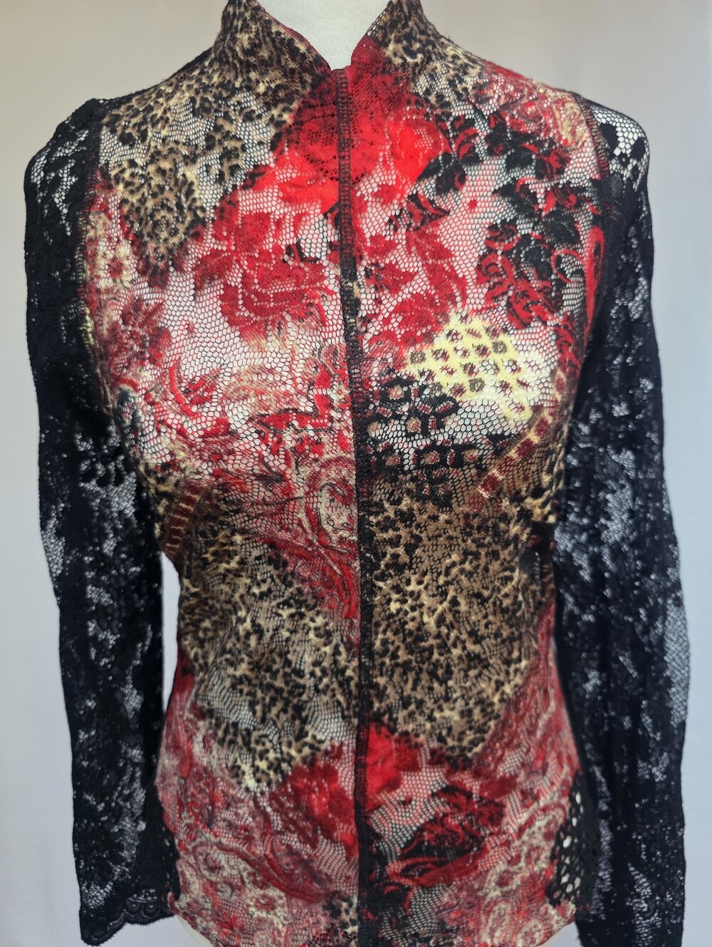 Unbranded Lace Mesh Mock Neck Animal Floral Print Long Sleeve Top Size Small - Picture 2 of 8